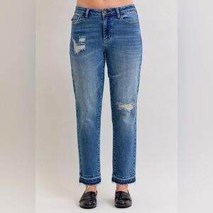 NWT Judy Blue Mid Rise Patch & Repair Destroyed Release Hem Boyfriend Jeans